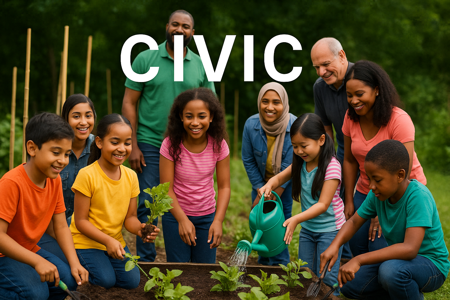 Children and volunteers working together in a community garden