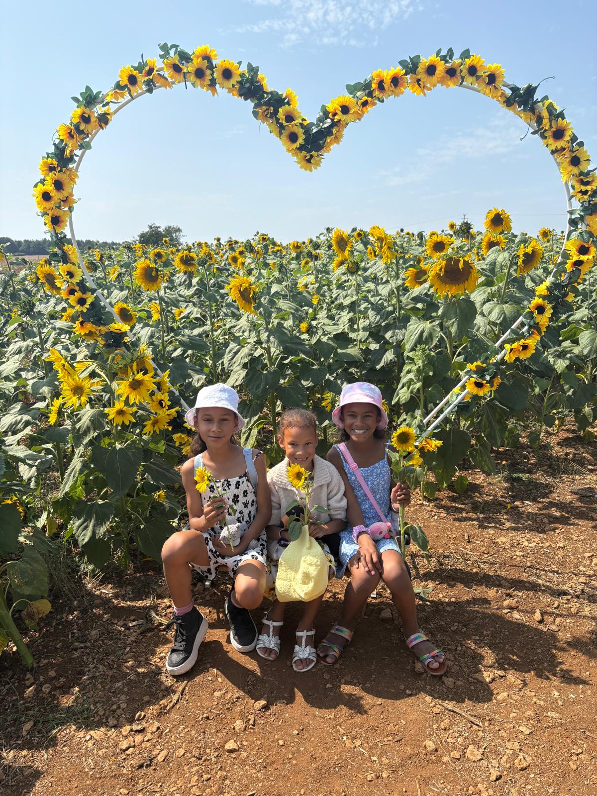 Children sitting under a heart-shaped sunflower arch